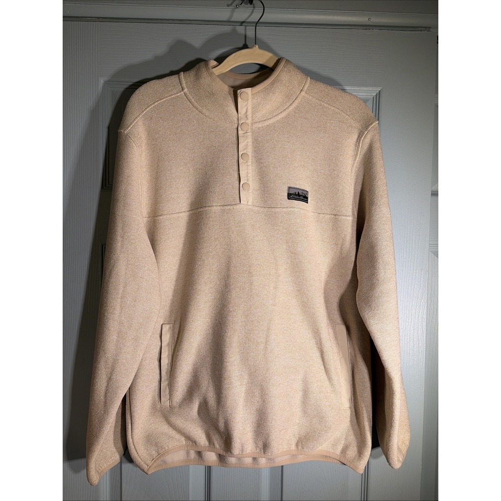 Eddie Bauer Sweater Mens M Beige Mock Neck Fleece Logo Relaxed Fit Quarter Snap